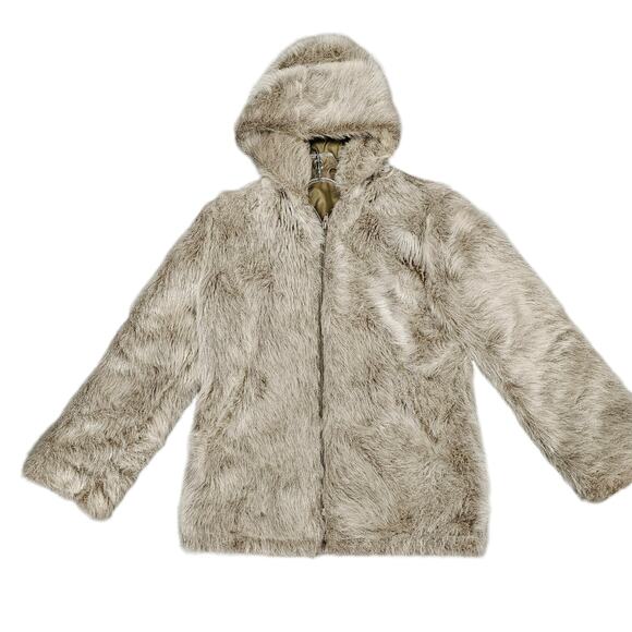 Faux Fur Hooded Full Zip Coat Jacket Long Sleeve Gray Women's Size 7 Disco Retro